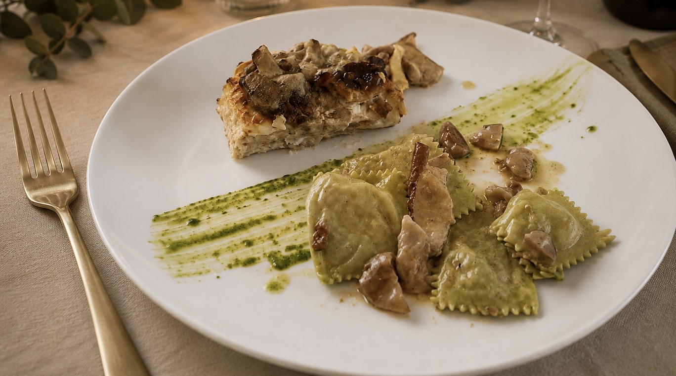 Ravioli ai funghi porcini con sformato